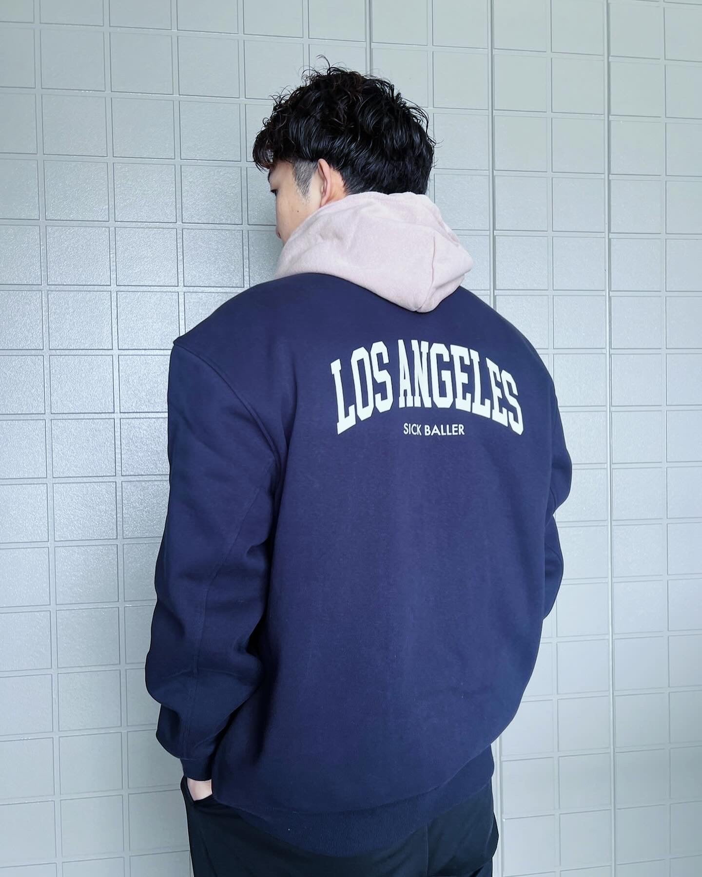 LA college logo over size snap jacket(navy/off white) ”LA style”